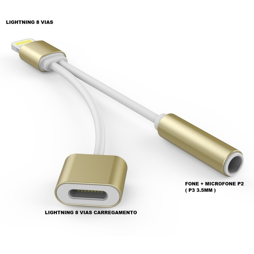 Splitter Carregar + Fone P2 Microfone Áudio iPhone 7 7 plus