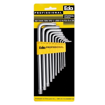 Kit Chave Torx Profissional Tipo L T9 T10 T15 T20 T25 T27 T30 T40 T45 e T50 Eda 8QH Aço Carbono