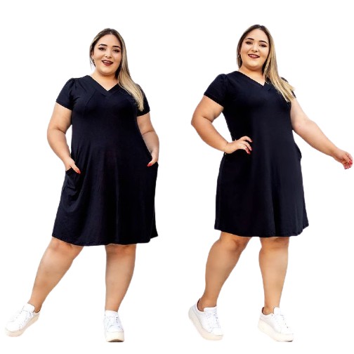 Vestido Curto Plus Size Soltinho Com Bolso E Manga Decote V