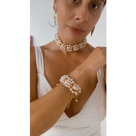 conjuntos macrame de pulseira e colares com búzios verdadeiros e pérolas macrame feito a mão