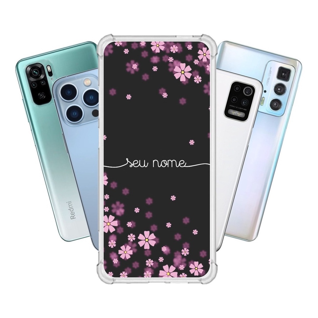 Capinha para Xiaomi Poco M4 Pro 5G Anti Impacto Personalizada - Flores Lilás com nome manuscrito