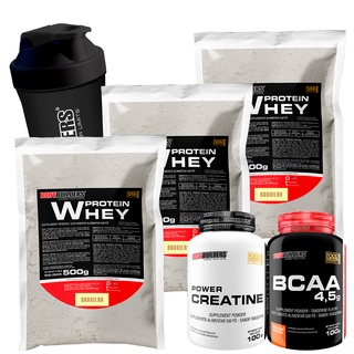 Kit 3x Whey Protein Concentrado em Blend Proteico 500g + BCAA 4,5 100g + Power Creatina 100g + Coqueteleira - Aumento de Massa Muscular - Bodybuilders