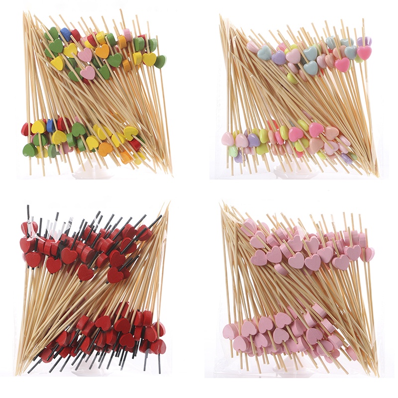20PCS Palitos De Bambu Salada De Frutas Buffet Picks Colorful Loving fruit food fork Heart Aperitif Cocktail Sticks Decoração Acessórios
