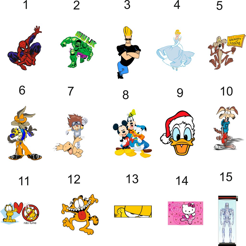 15 Estampas do Homem Aranha Hulk Jhonny Bravo Garfield Pato Donald's Digimon e Mais