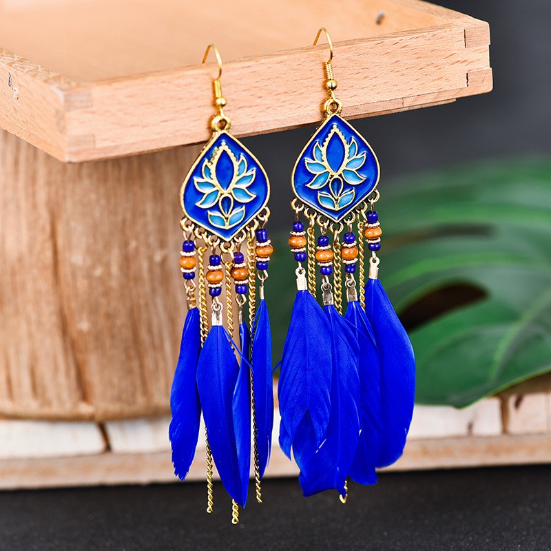 Brincos De Pena Longa Azul Feminino Boêmio Madeira Étnica Tassel Geométrico Rhombus Lotus Esculpidos Em Forma De Lótus Boho Joias Indianas