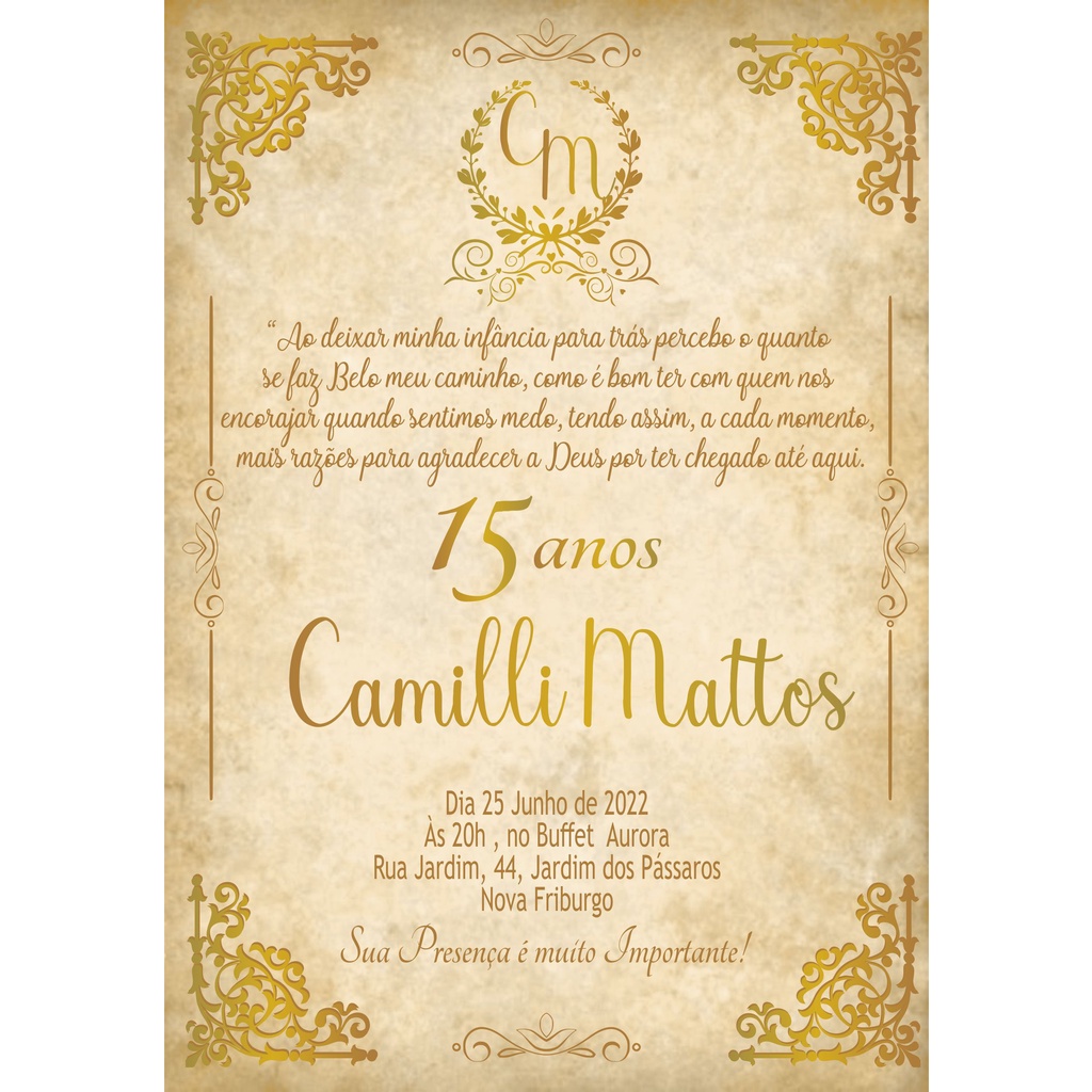 Convite Tema Realeza 15 Anos com Fita de Acabamento Convite Pergaminho