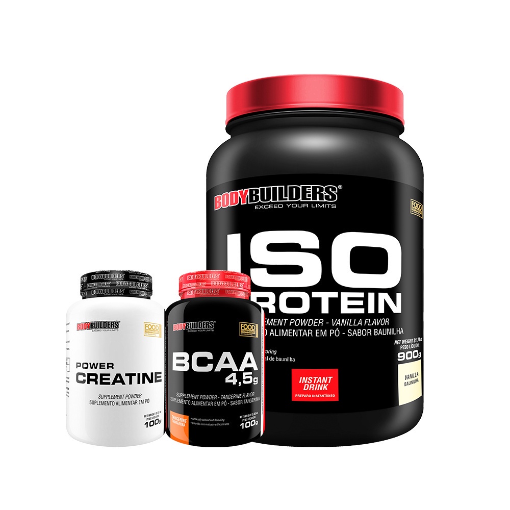 Kit Suplemento de Proteína Isolada Iso Protein 900g + BCAA 100g + Power Creatina 100g - Bodybuilders em Oferta na Shopee