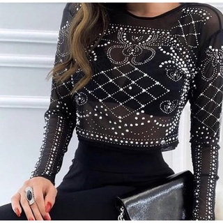 Cropped Pedraria De Tule Manga Longa Brilho Moda Balada Roupa Feminina