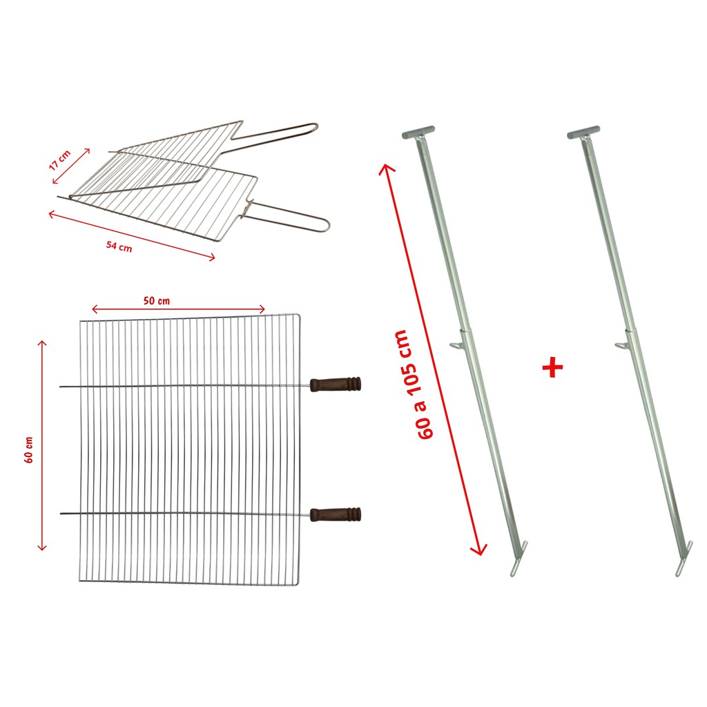 Kit Churrasqueira Grelha Grande + Grelha Dupla Reta Pequena + Suporte Extensor Ajustável 5003/5101R/5501