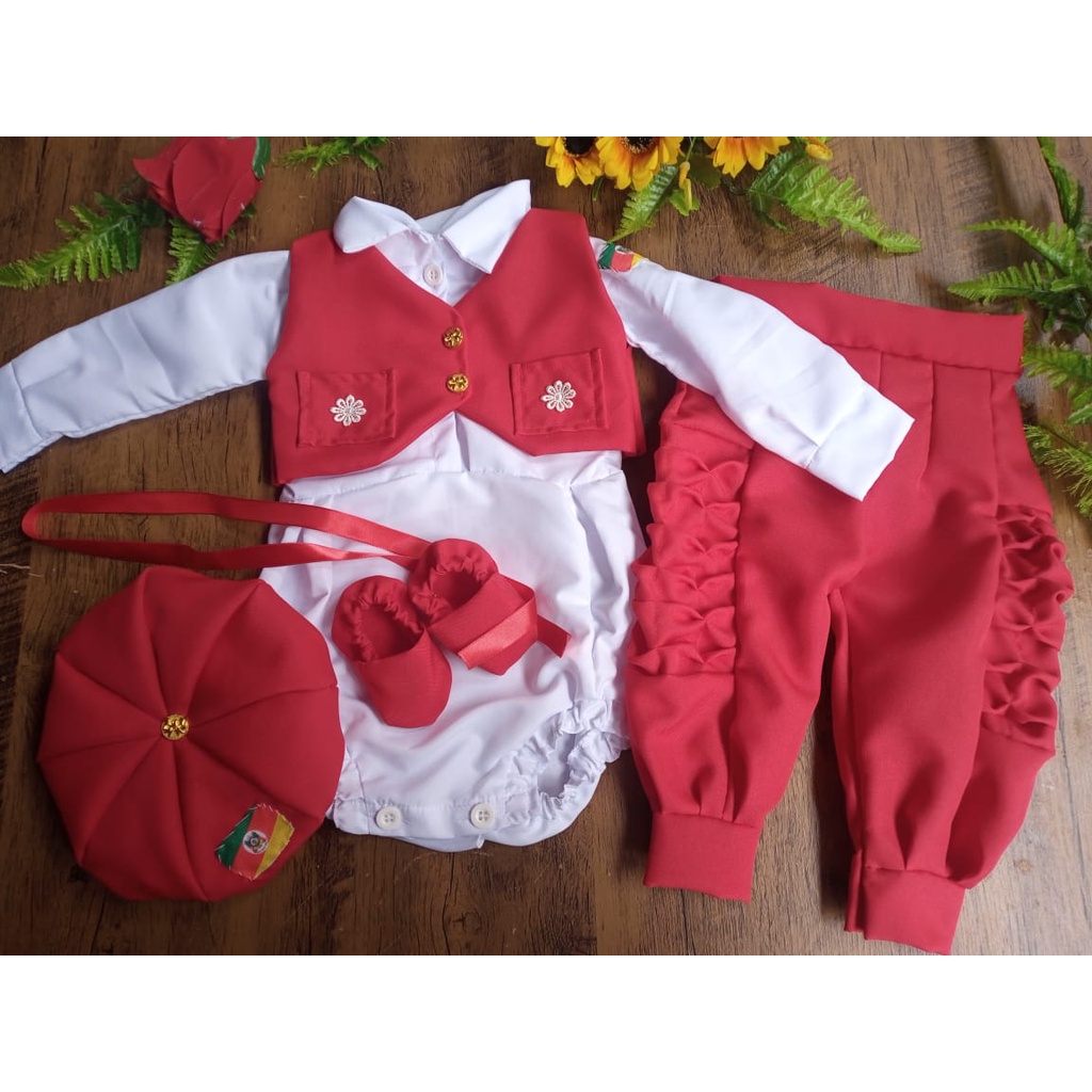 Pilcha de gaúcho infantil-> bombacha, colete, boina, lenço, alpagarta e body -> Saída de Maternidade