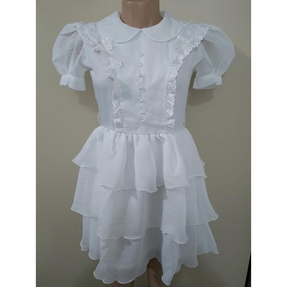 Vestido Feminino Infanto  - juvenil infantil branco de  Voil Festa com botões de Perolas, Manga Curta e Babados.