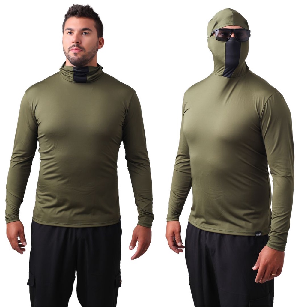 Camisa de Pesca Proteção UV50+ com Touca Ninja Verde Militar