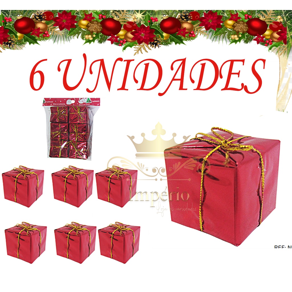 Kit 6 Und Mini Caixa de Presente Vermelho 3,5 cm Enfeites de Árvore de Natal Ornamentos Decorações