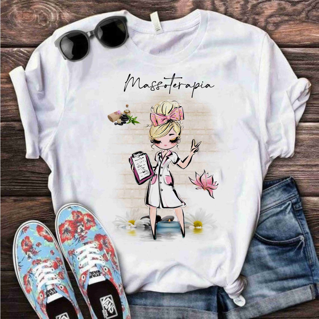 Camiseta tshirt branca estampada personalizada Estampa Massoterapia massoterapeuta polielastano