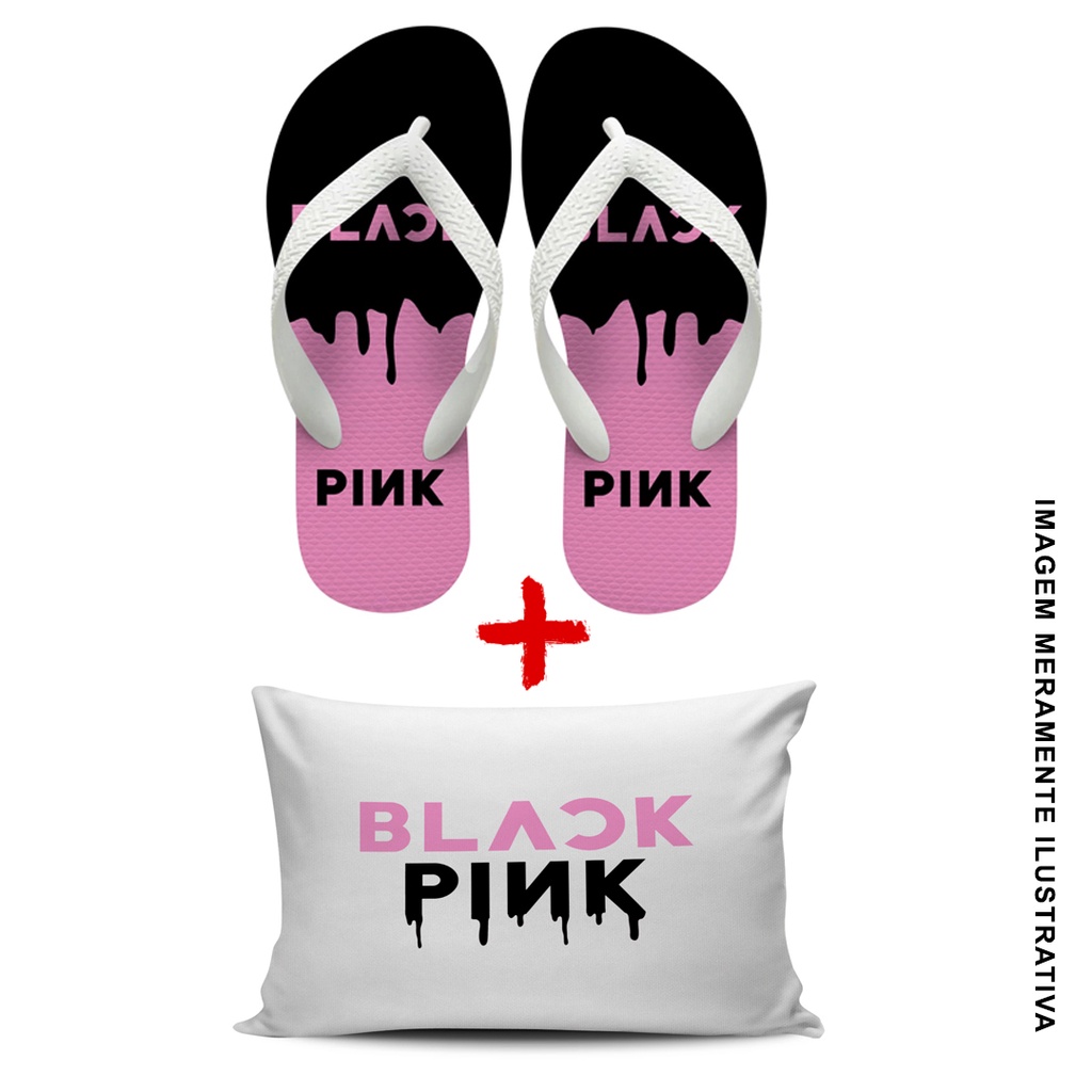 Kit 1 chinelo  black pink + 1 almofada pequena  black pink