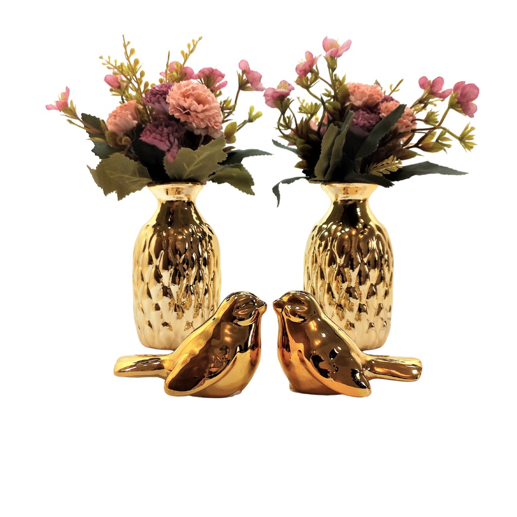 Kit Decoração 2 Vasos Dourados + 2 Pássaros + Flores Artif. em Oferta na Shopee