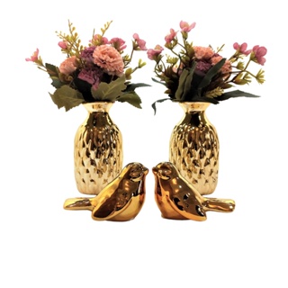Kit Decoração 2 Vasos Dourados + 2 Pássaros + Flores Artif. em Oferta na Shopee