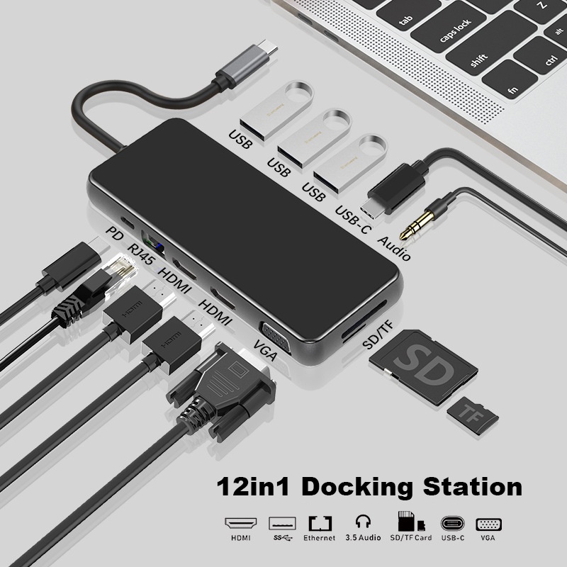 12in1 Tipo C Docking Station Para Dual HDMI 4 K VGA RJ45 SD/Leitor TF PD Carga 3.5 Milímetros Jack USB3.0 USBC Adaptador USB Hub Laptop Espelho Estender Display