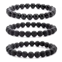 Kit 3 Pulseiras Pedra Natural Ônix, Fosca e Vulcânica
