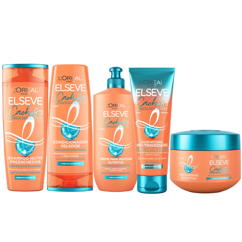 kit Cachos Longos dos Sonhos Elseve - Shampoo/ Condicionador/ Creme para pentear/ Creme noturno e Creme de tratamento - Cuidados com o cabelo Elseve Cachos Longos dos Sonhos Cabelos Cacheados