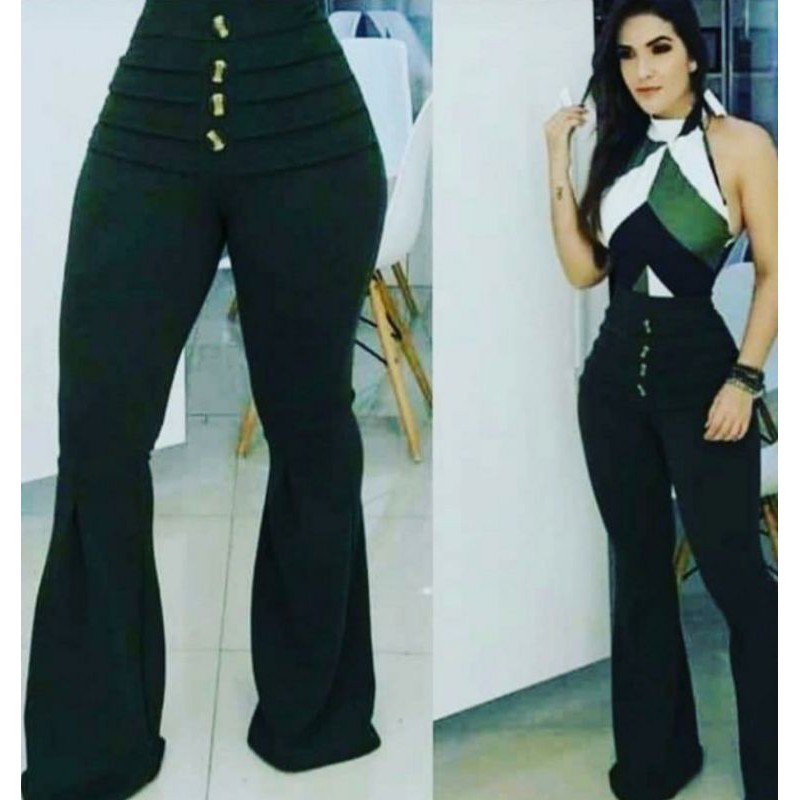 Calça Flare Feminina  Cintura Alta Roupa Elásticidade Alta Calças Boca Sino Modeladora Casual Botões Fake Lycra Moda em Oferta na Shopee