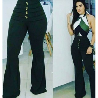 Calça Flare Feminina  Cintura Alta Roupa Elásticidade Alta Calças Boca Sino Modeladora Casual Botões Fake Lycra Moda em Oferta na Shopee
