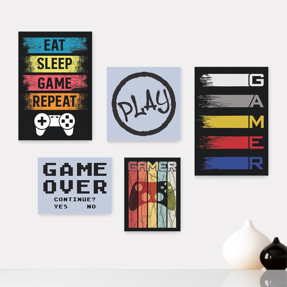 Kit 5 Quadros Decorativos Placas - Gamer - Vídeo Game Casa Quarto Sala - 174ktpl5