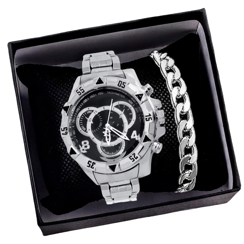 Conjunto relógio e pulseira  prata masculino kit aço inox
