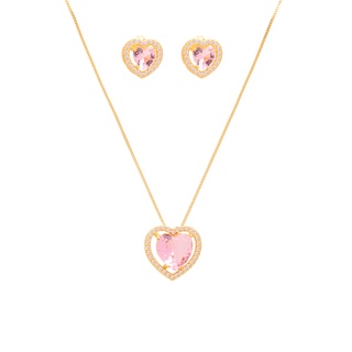 Conjunto Colar E Brinco Coração Pedra Rosa Folheado A Ouro