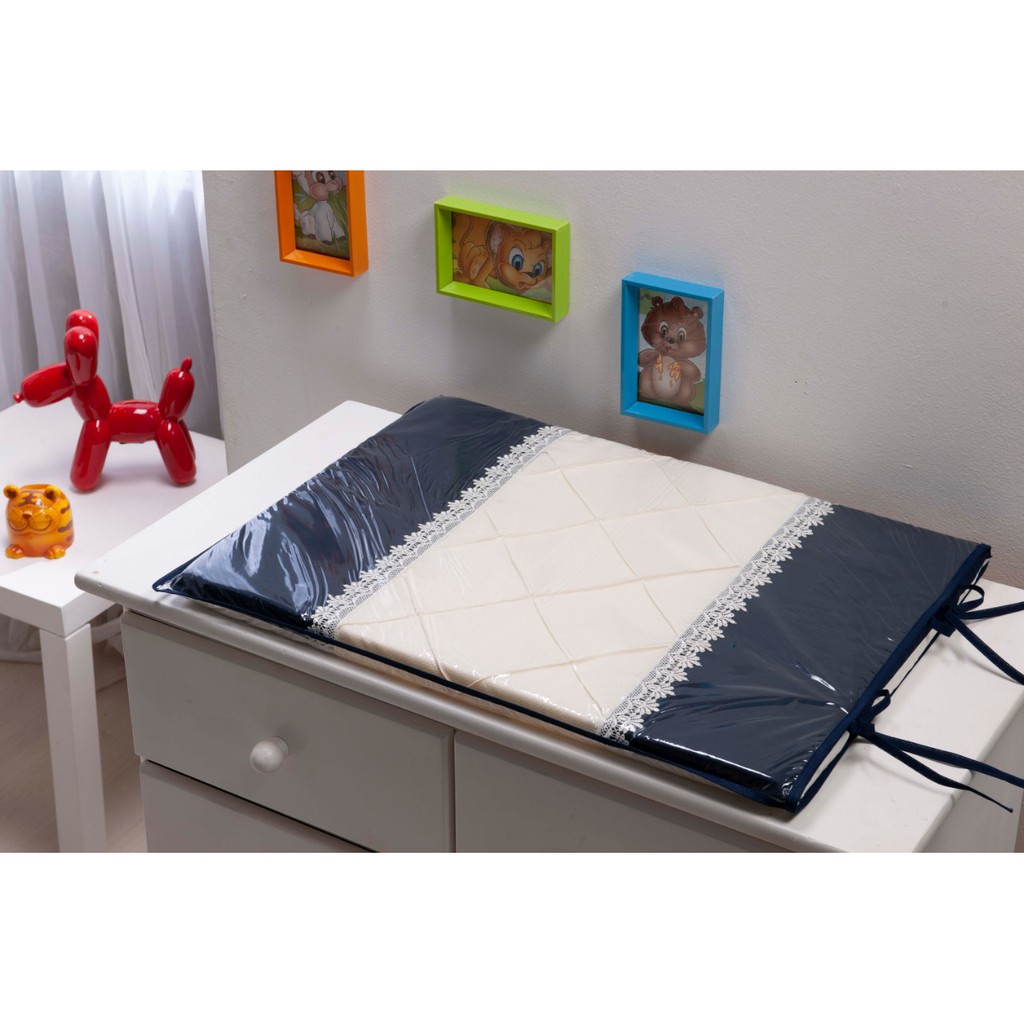 Trocador para comoda de bebe Menino Bordado Azul Marinho com bege Guippir - Trocador Luxo p/ Comoda de Bebê