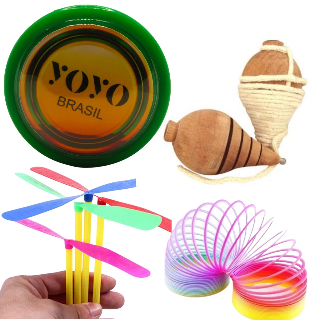 Kit Diversão com 2 Mola Maluca 3 yoyo Profissional 10 Pirocoptero 2 Pião de Madeira ioio Brinquedos