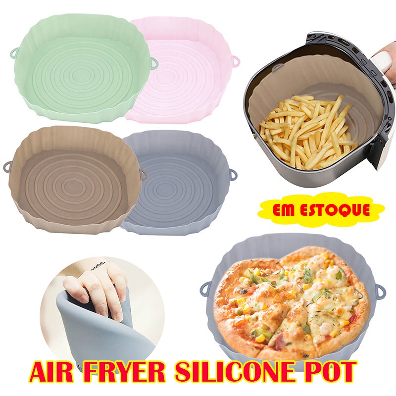 Air Fryer Pegador De Ar Pote De Silicone Bandeja De Cozimento Do Forno Fritos Pizza Frango Cesta Mat Praça Rodada Substituão Grelha Pan