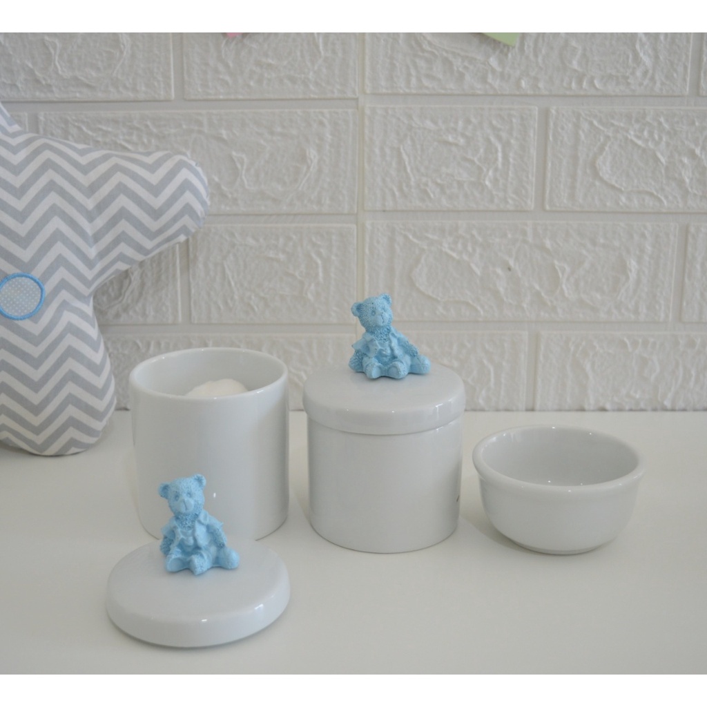 Kit Higiene Baby Bebê K015 Azul Decoração Potes Cotonete Algodão Menino Bancada