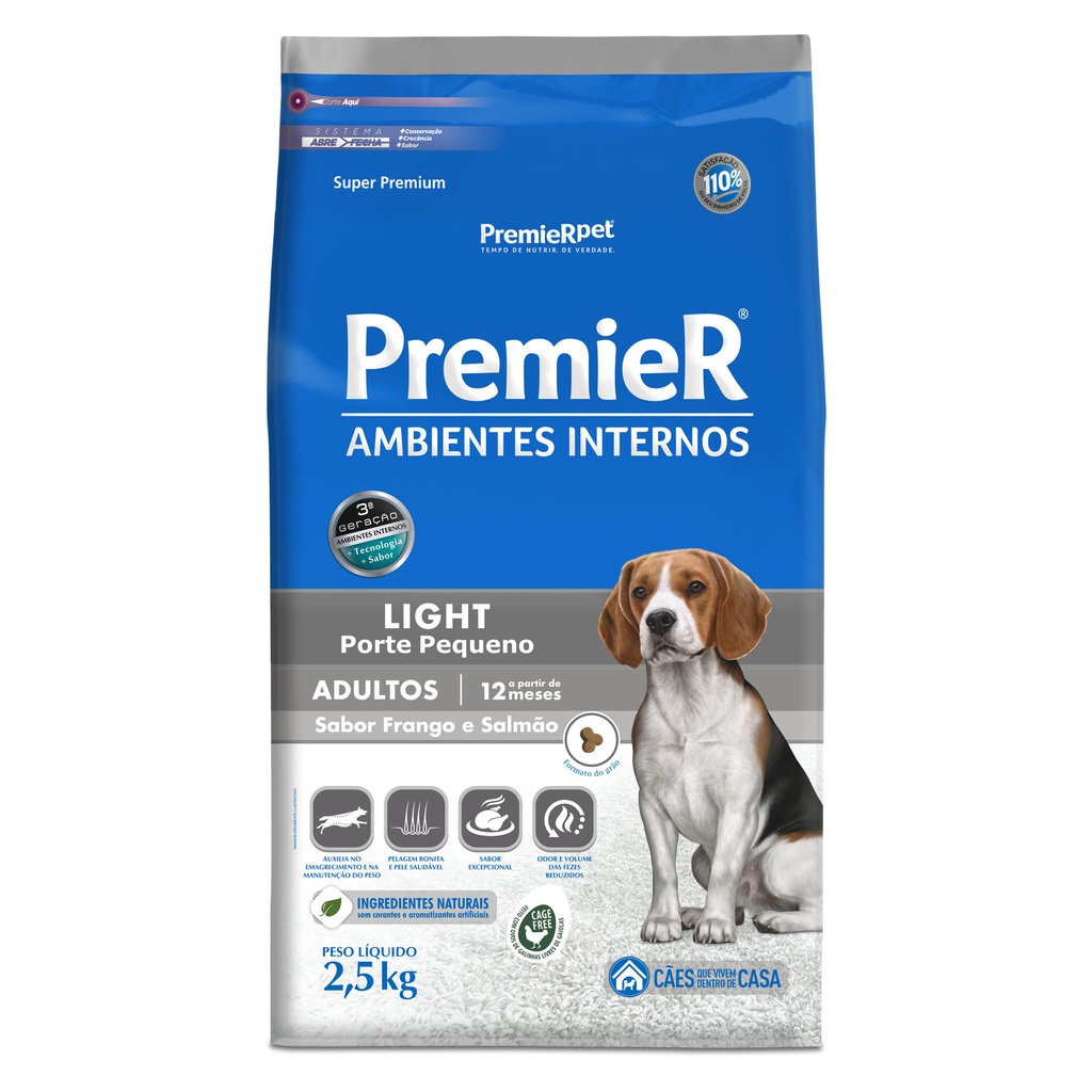 Ração Premier Ambientes Internos Light para Cães Adultos de Pequeno Porte Sabor Frango e Salmão - 2,5Kg em Oferta na Shopee