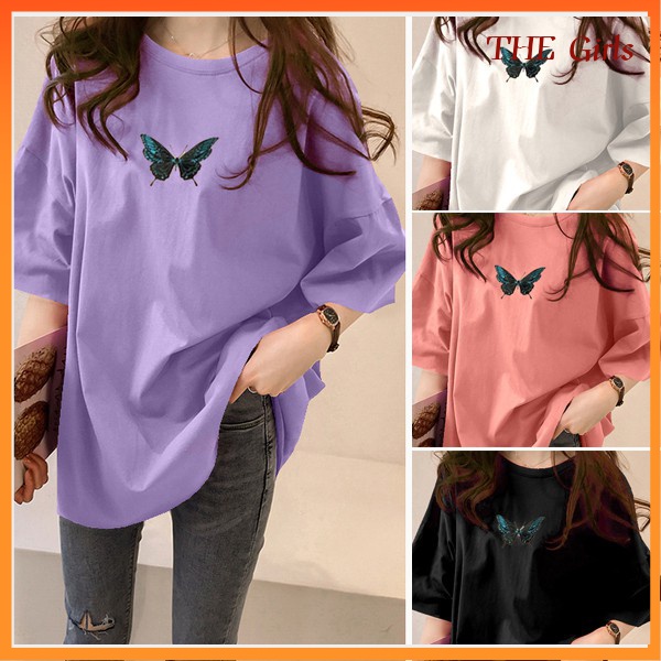Blusa Feminina Manga Curta/Folgada/Roxa/Estampa De Borboleta/perempuan/Tamanho Grande/5xg