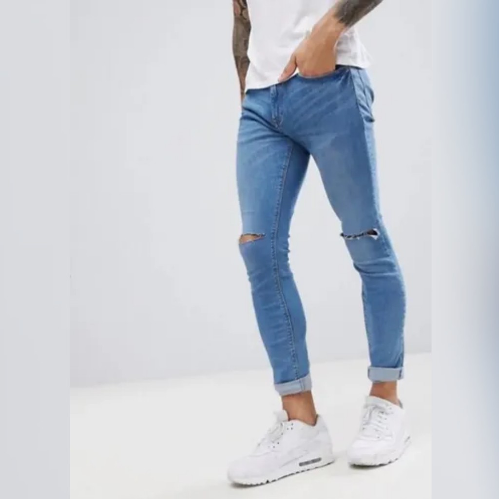 CALÇA JEANS CLARO RASGADA SKINNY RASGO  NO JOELHO MODA MASCULINA