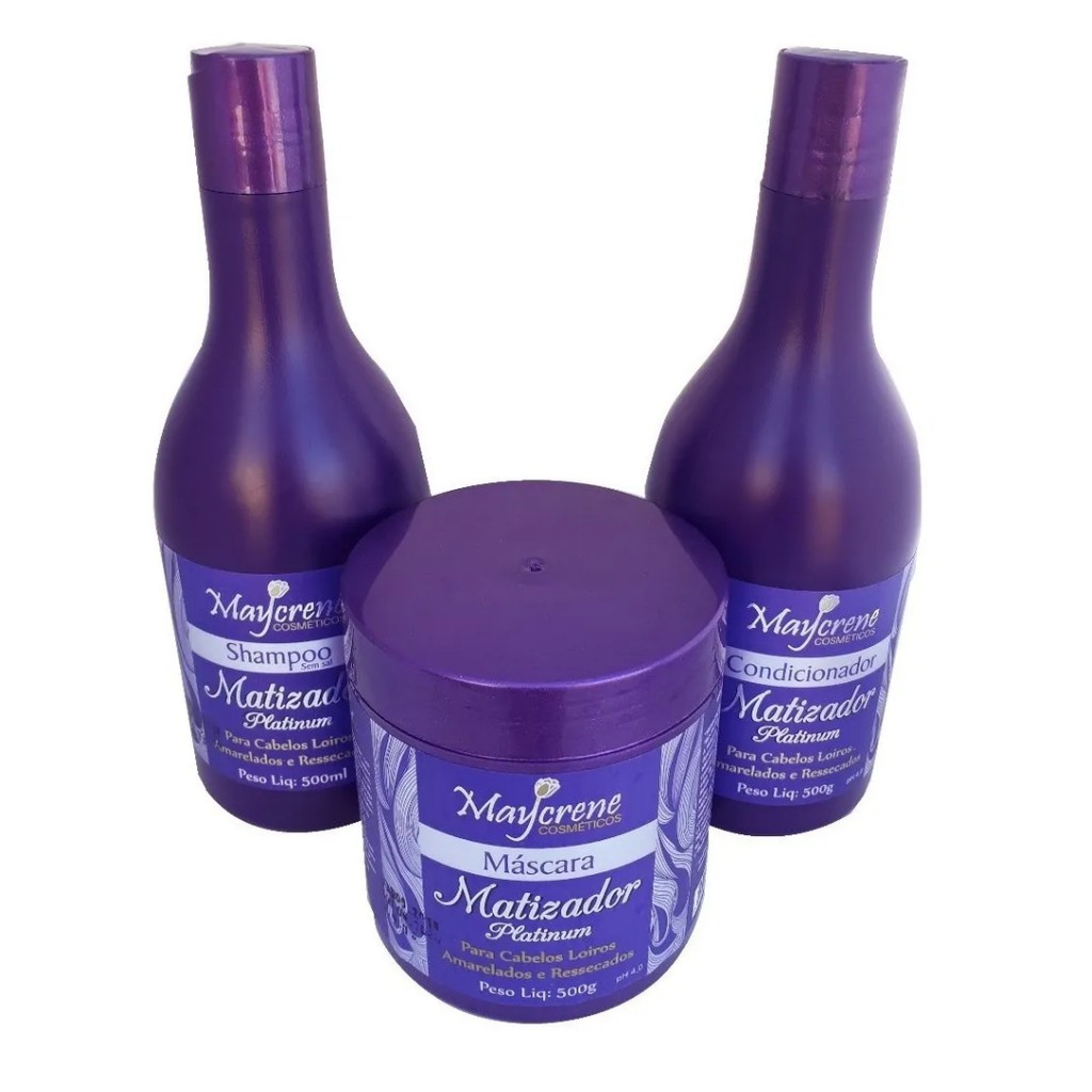 Kit Matizador Maycrene ( Shampoo + Condicionador + Máscara) 500ml cada ideal para cabelos loiros, brancos ou grisalhos. Renova e realça a cor com pigmentos violeta, além de neutraliza o tom amarelado que se acumula nos fios.