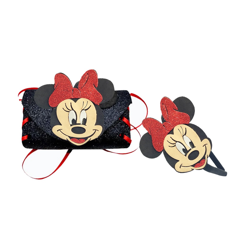 Kit tiara + bolsa Minnie Glitter EVA criança e adulto