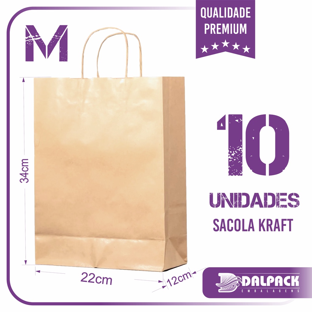 Sacola de Papel Kraft - 10 Unidades - M (22x12x34) - Lisa Sem Impressão