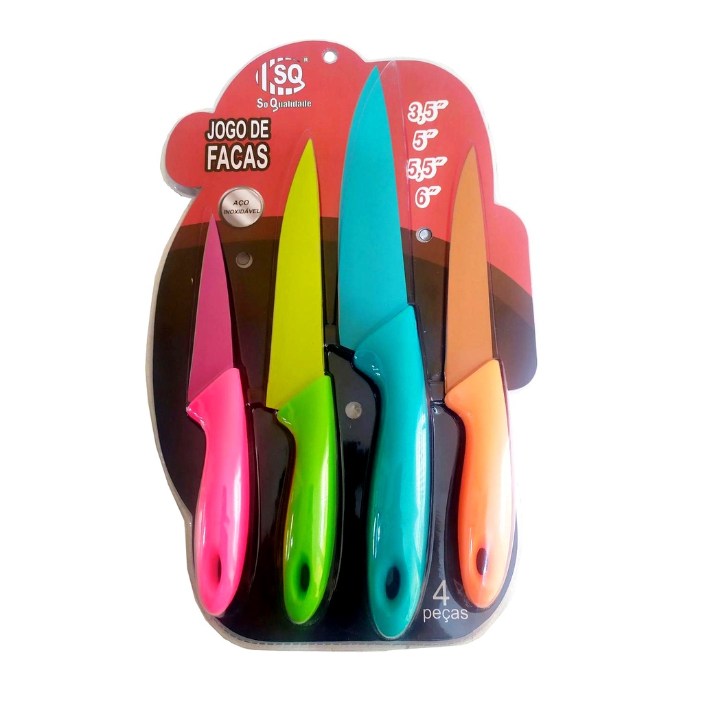 Jogo de Facas de Cozinha Churrasco Aço Inoxidável Colorida Kit com 4 Facas Coloridas