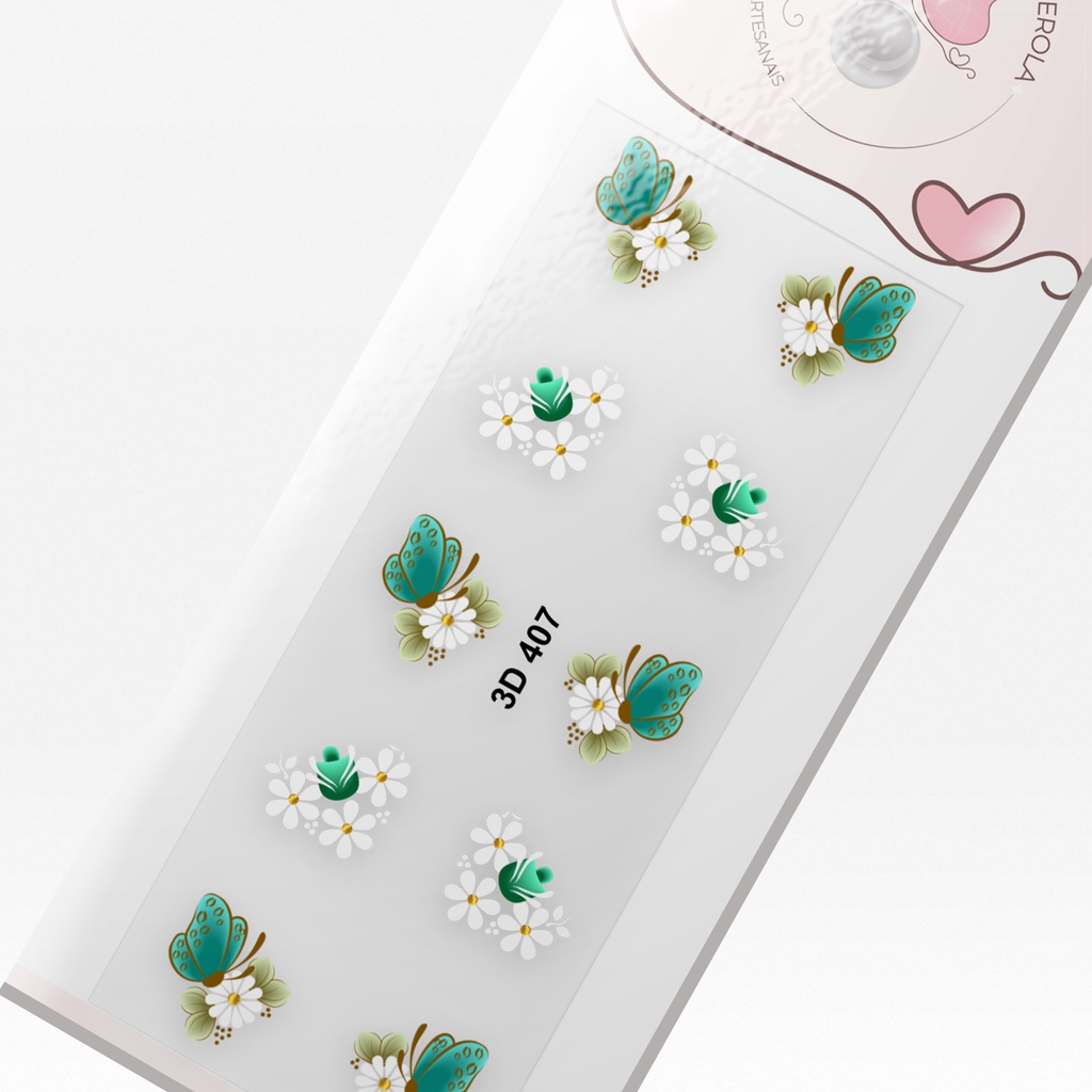 Adesivo 3D de Unhas-Borboletas verdes e margaridas com rosa verde-3D 407 em Oferta na Shopee