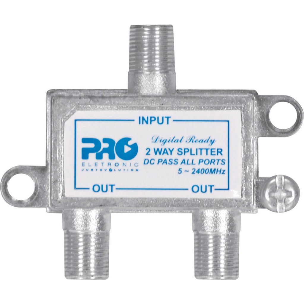 DIVISOR SATÉLITE 1 ENTRADA E 2 SAÍDAS - 5~2400 MHZ (VHF / UHV / SATÉLITE) COM PASSAGEM DC PQDV-2022