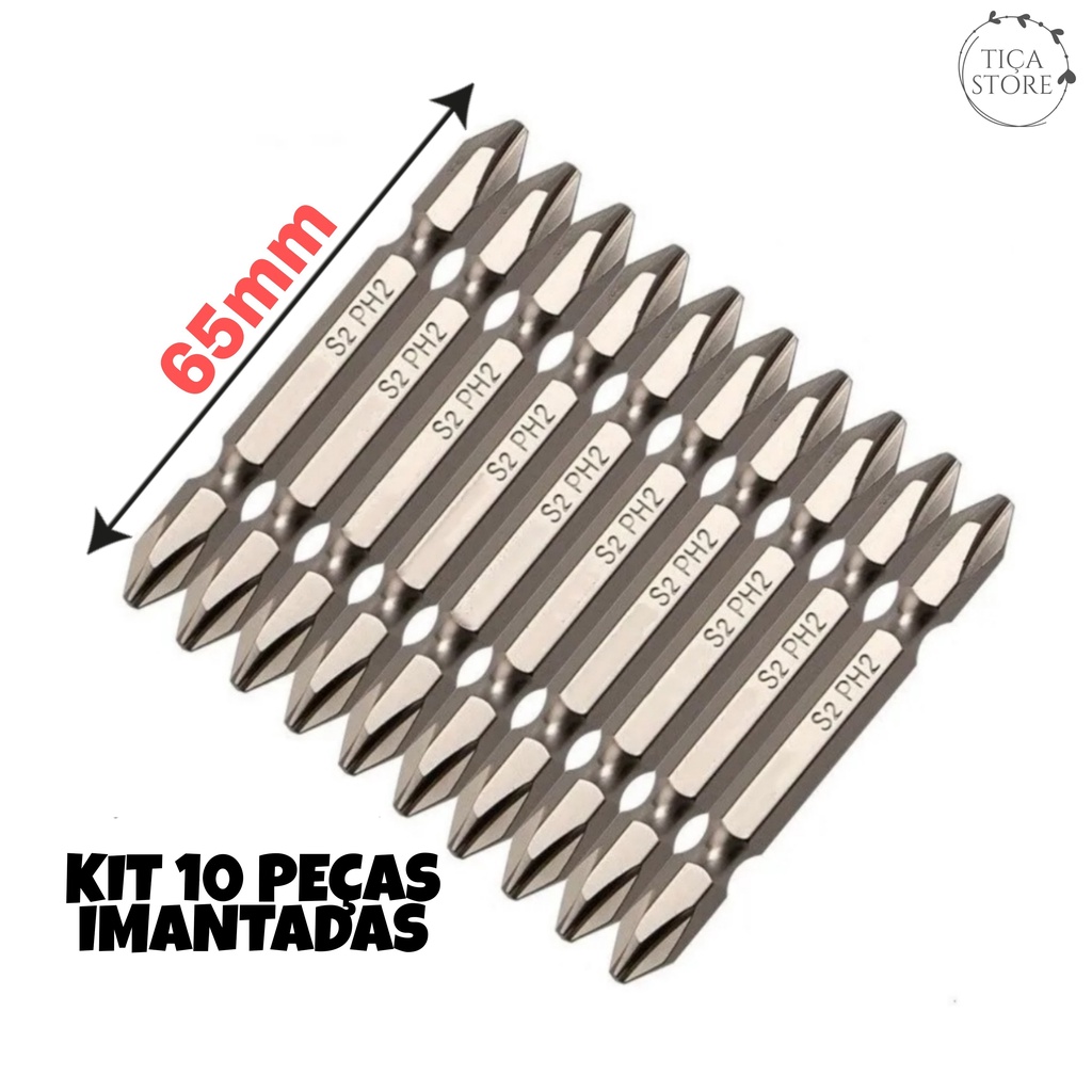 Bits Para Parafusadeira Philips Ph2 65mm  Imantado Kit 10 Peças Ponta Dupla Barato