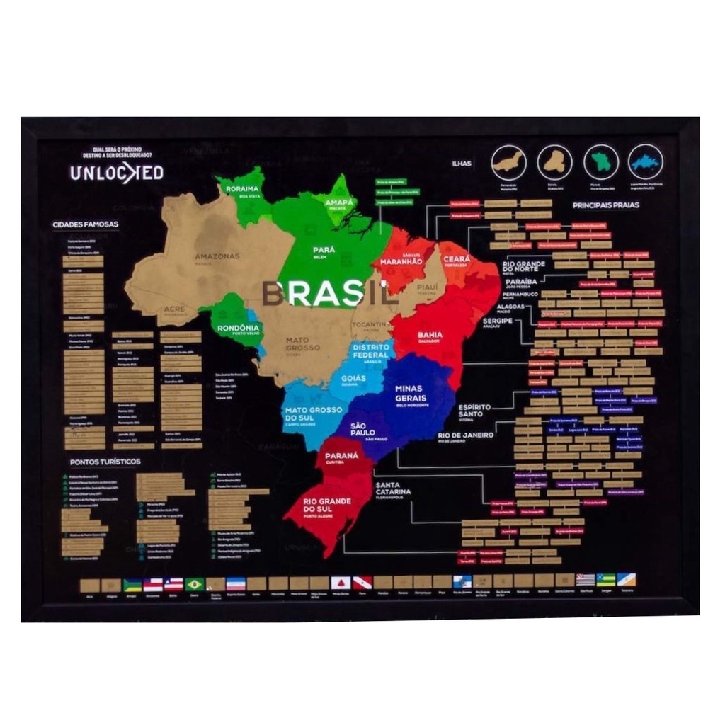 Mapa Do Brasil de Raspar | Unlocked | Com moldura | Mapa de Viagens | Raspadinha | Scratch Map 94x60