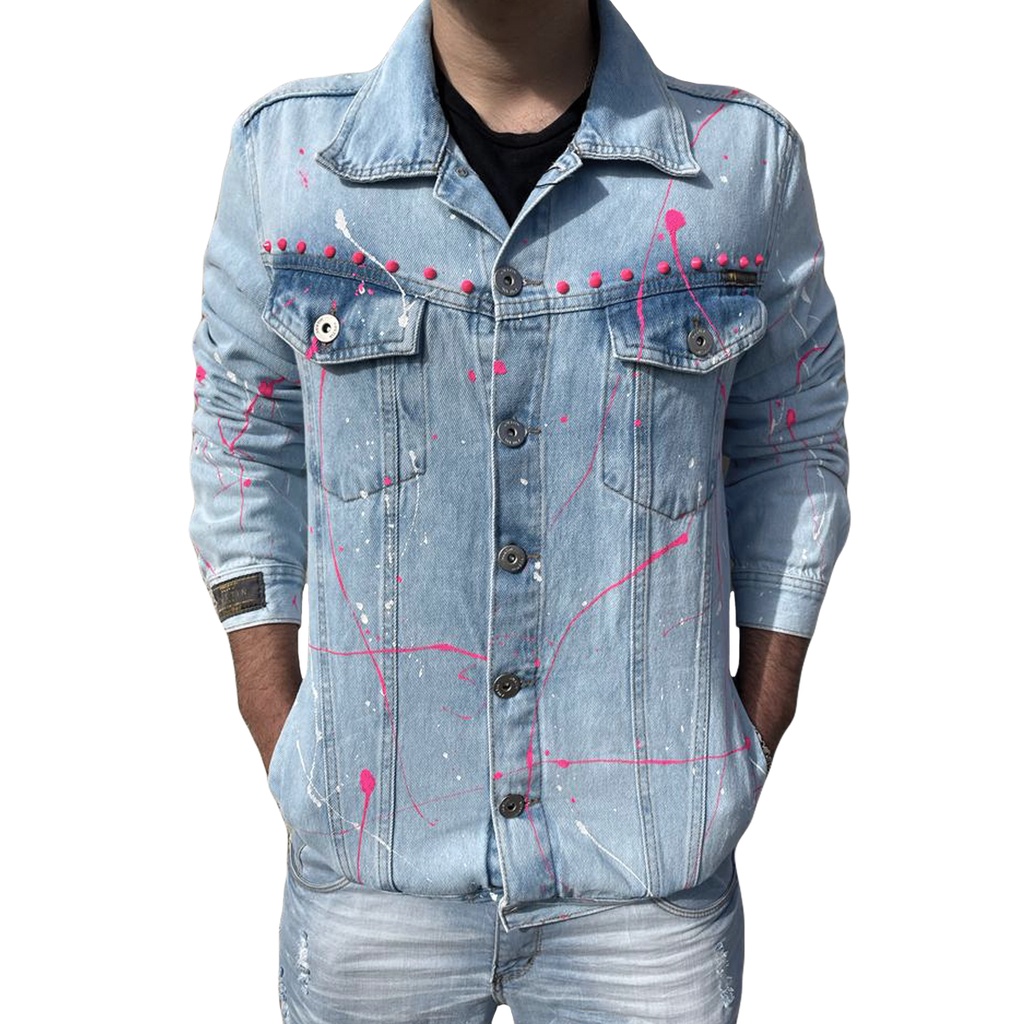 Jaqueta Respingos Colorida Destroyed Jaqueta Jeans Masculina Detalhe Rosa Pink Neon Moda Inverno