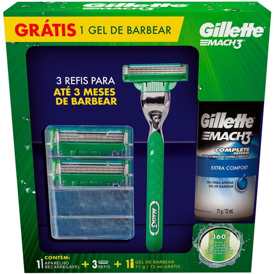 Kit Aparelho De Barbear Gillette Mach3 + 3 Cargas Gillete + Gel 71g 