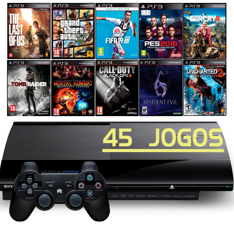 Playstation 3 Super Slim Ps3 + 45 Jogos + Gta5 + Fifa 19 + The Last of Us + Call of Duty + Minecraft