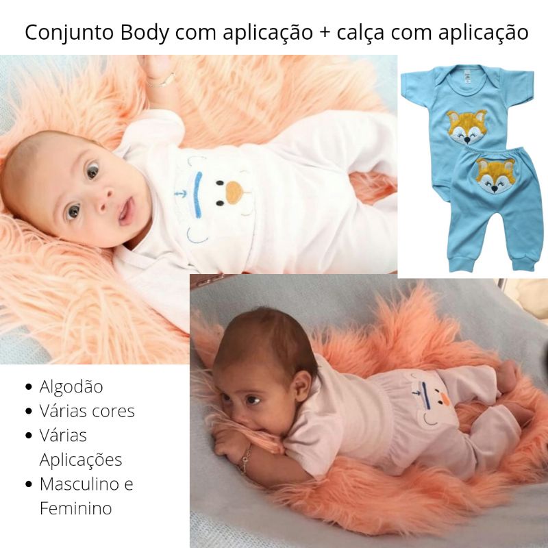 Conjunto Body Com Aplicação + Calça Com Aplicação Em Algodão Bori E Mijão Masculino E Feminino Bore Enxoval Promoção