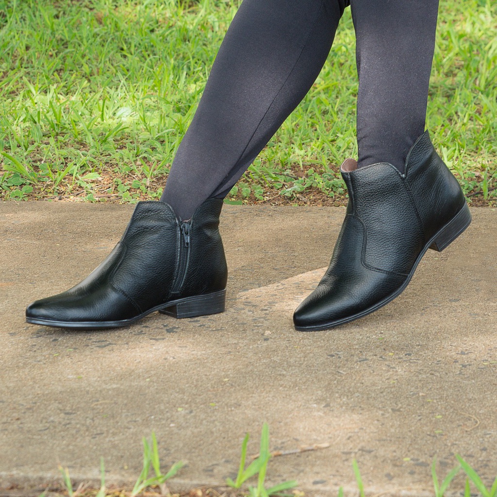 Bota Botinha Feminina Cano Baixo Bico Fino Silva&Silva Couro Preto