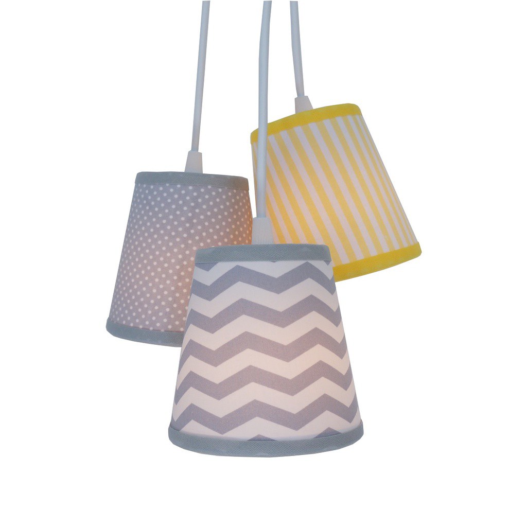 Lustre Pendente Triplo Cacho Com Tecido Chevron Cinza E Amarelo Bivolt